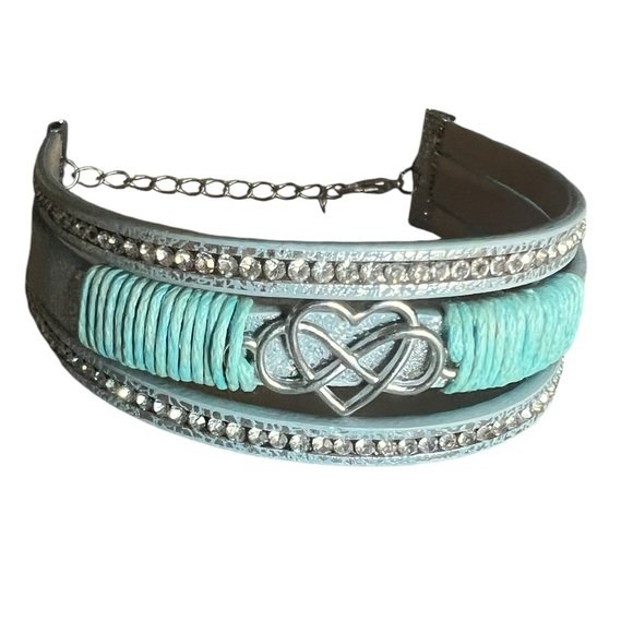 Silver, Rhinestone and Turquoise Heart Infinity Wrap Bracelet - Picture 2 of 7